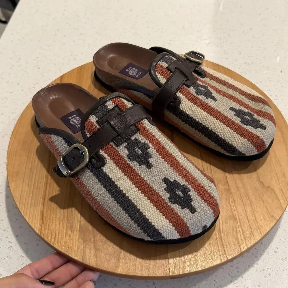 Res Ipsa Clogs Mens 9 Kilim Woven Stripe Buckle Slip On Multi Casual Artsy Boho